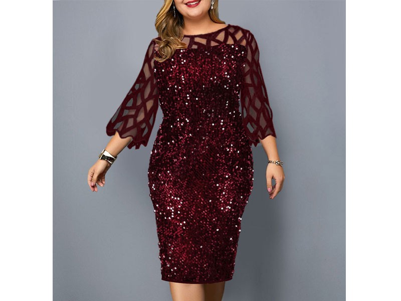 Three Quarter Sleeve Plus Size Sequin Embellished Dress For Women