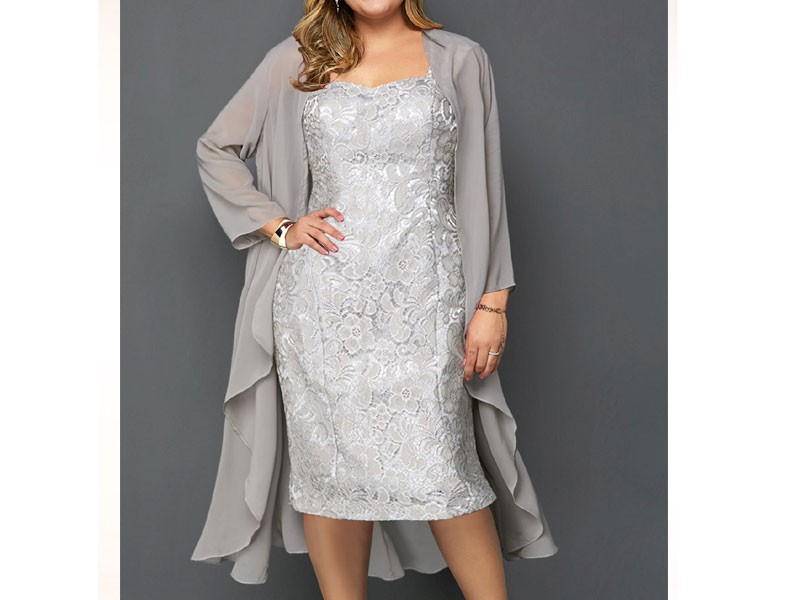 Plus Size Women's Chiffon Cardigan and Sleeveless Lace Dress