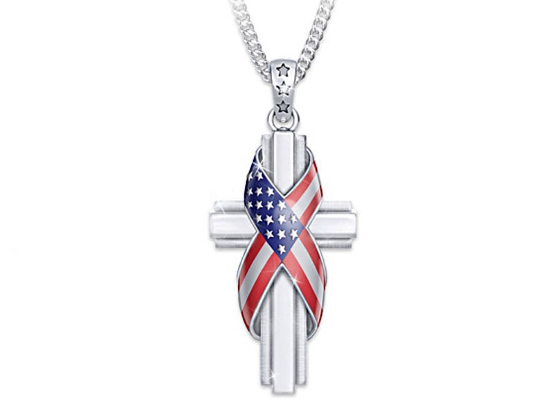 God Bless America Patriotic Cross Diamond Pendant Necklace