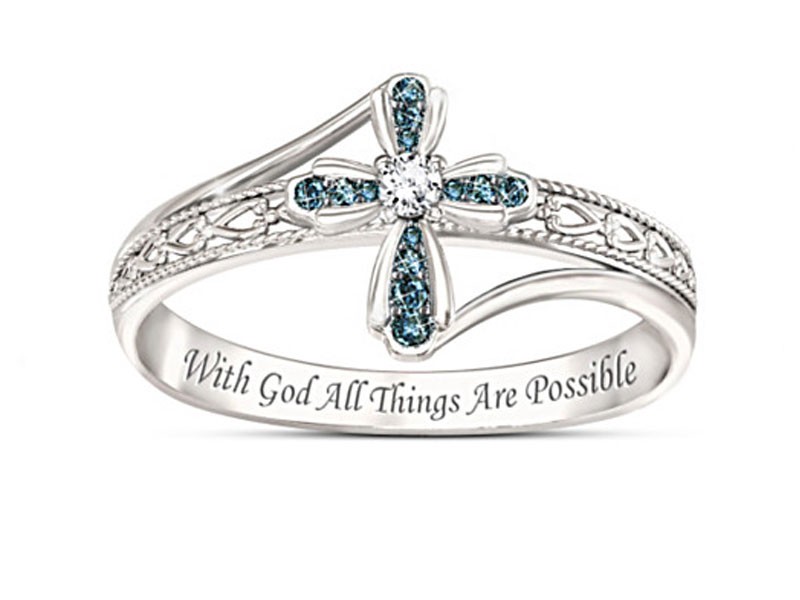 Engraved Heavenly Grace Genuine Blue Diamond Cross Ring