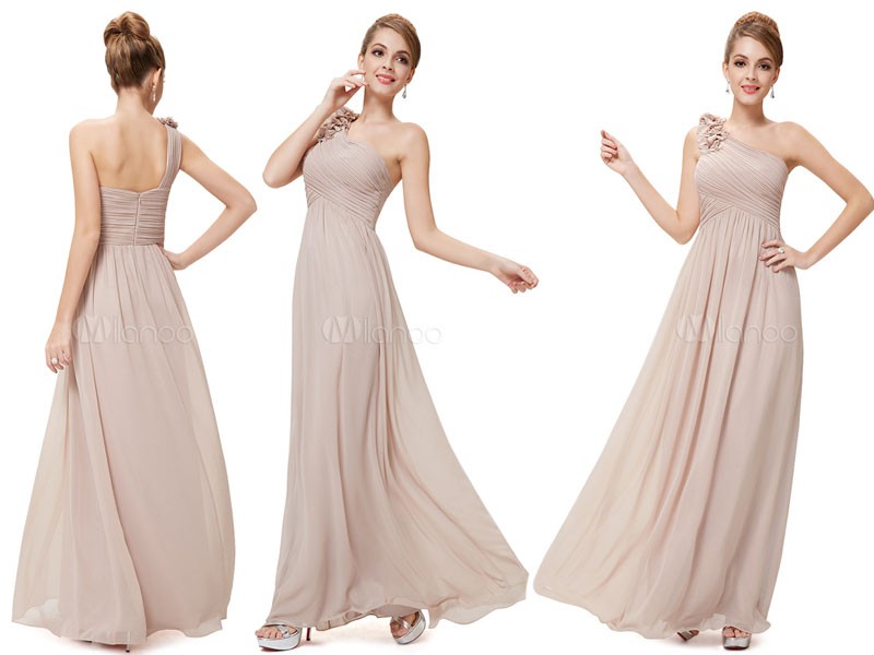 Long Bridesmaid Dress Chiffon Champagne One Party Dress For Women