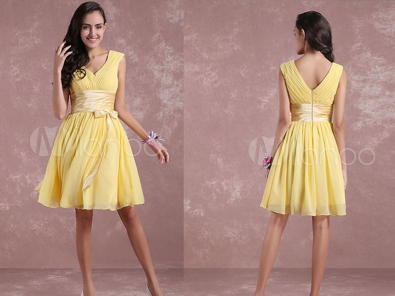 Women's Short Bridesmaid Dress Daffodil Chiffon Prom Dress