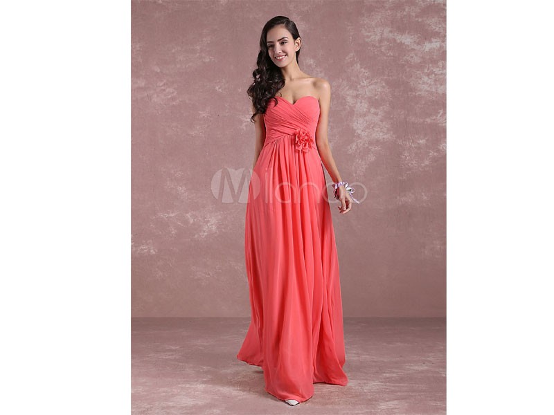 Long Bridesmaid Dress Chiffon Prom Dress Coral For Women