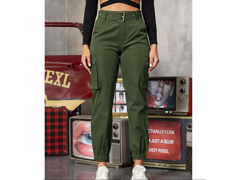 Women's Yoins Army Green Belt And Button Design With Side Pockets Pants