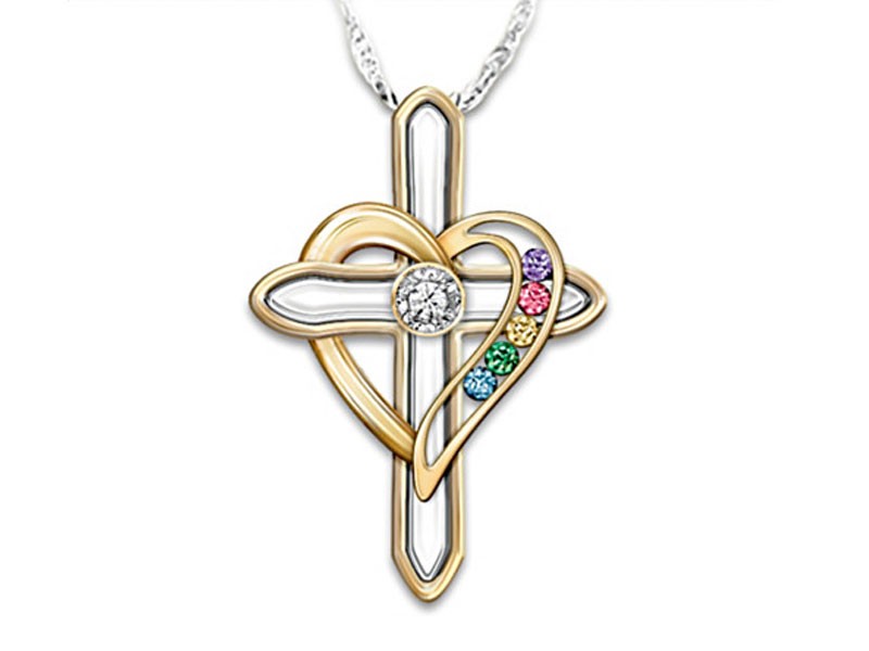 Mother's Cross Necklace With Family Birthstones And Diamond