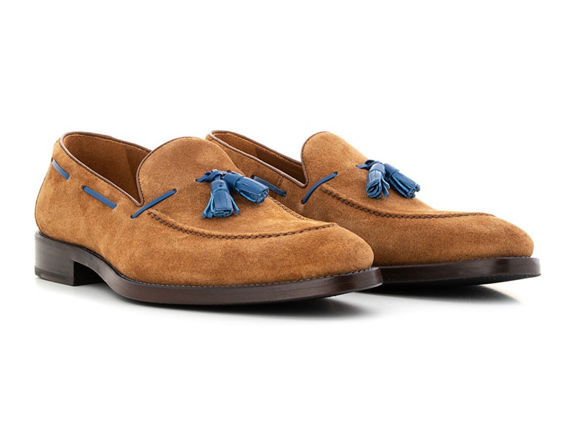 Loafer Suede Cognac Blue Shoe For Men