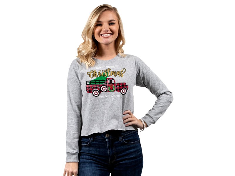Simply Southern Truck Cropped Long Sleeve T-Shirt For Women in Heather Grey