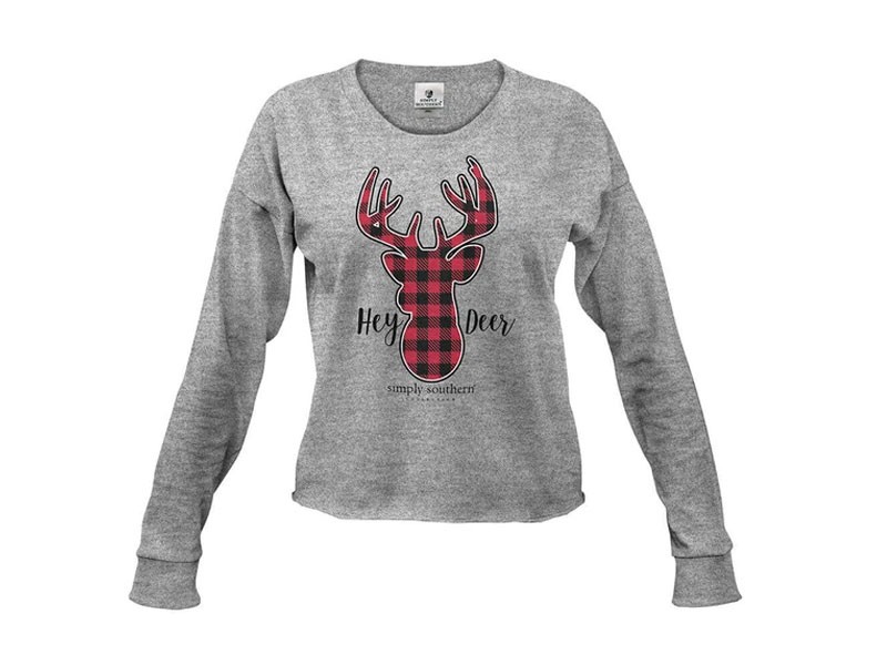 Simply Southern Hey Deer Cropped Long Sleeve T-Shirt For Women in Heather Grey