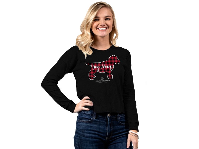 Simply Southern Dog Mom Cropped Long Sleeve T-Shirt For Women in Black
