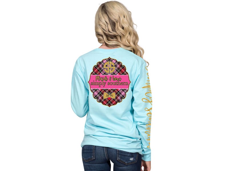Simply Southern Plaids and Bows Long Sleeve T-Shirt For Women in Marine
