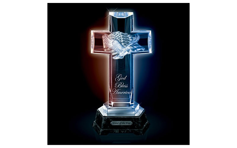 God Bless America Illuminated Glass Cross Sculpture