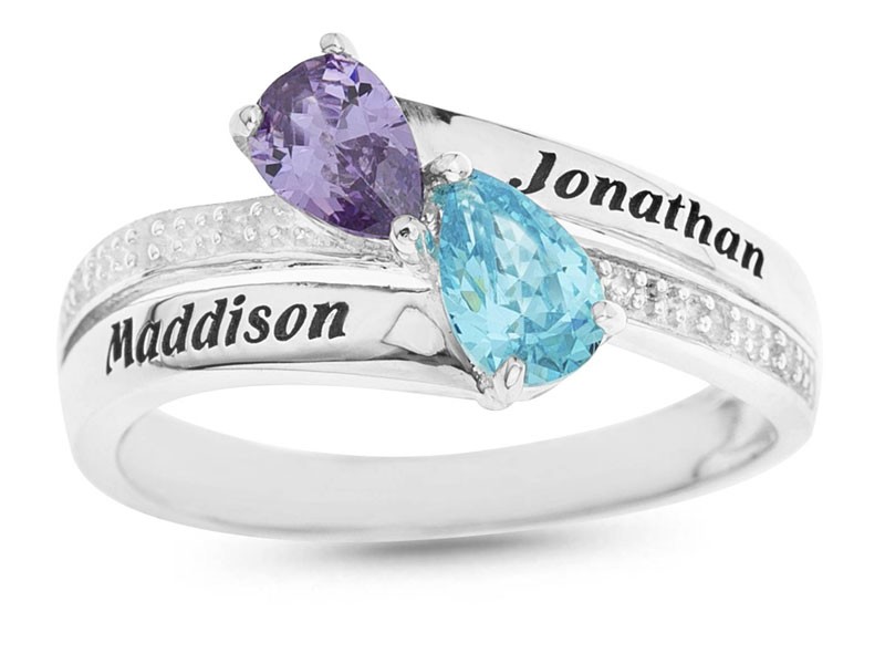 Personalized Two-Name Cubic Zirconia & Sterling Birthstone Bypass Ring