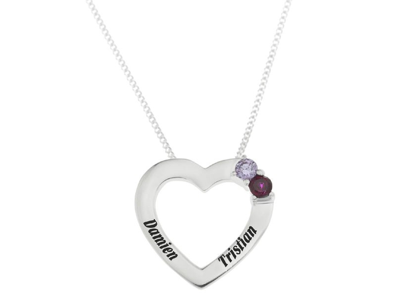 Personalized Two-Name Crystal Birthstone & Sterling Heart Pendant