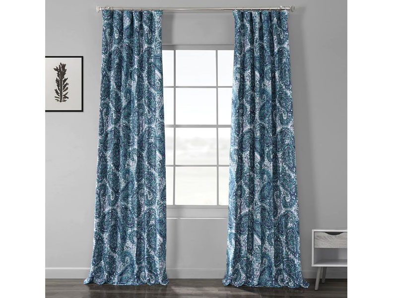 Naples Aqua Blue Printed Linen Textured Blackout Curtain