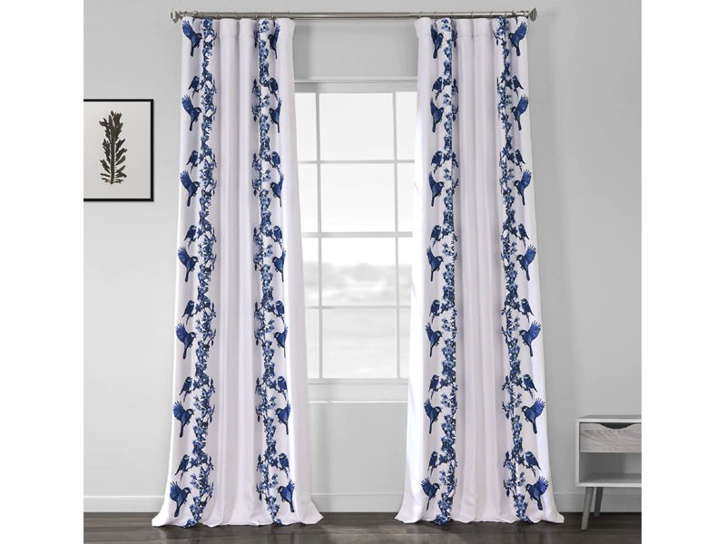 Sparrow Blue Printed Linen Textured Blackout Curtain