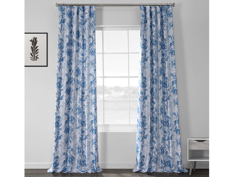 Blue Poppy Printed Linen Textured Blackout Curtain