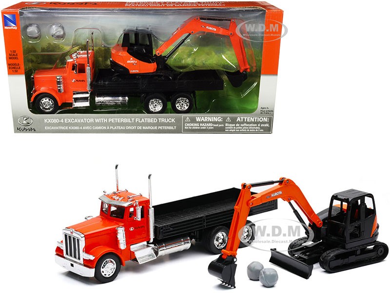 Peterbilt Flatbed Truck Kubota Orange and Black Diecast Models by New Ray