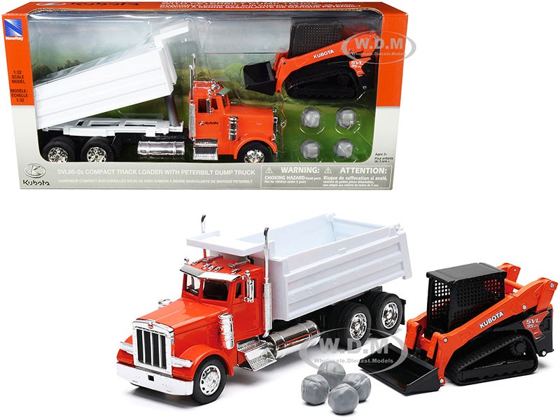Peterbilt Dump Truck Kubota Orange and White Diecast Models By New Ray