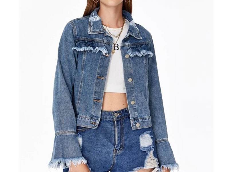 Button Front Raw Cuff Ripped Denim Jacket For Women