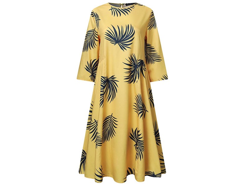 Women's Floral Plant Print Long Sleeve Beach Holiday Loose Dress S Yellow
