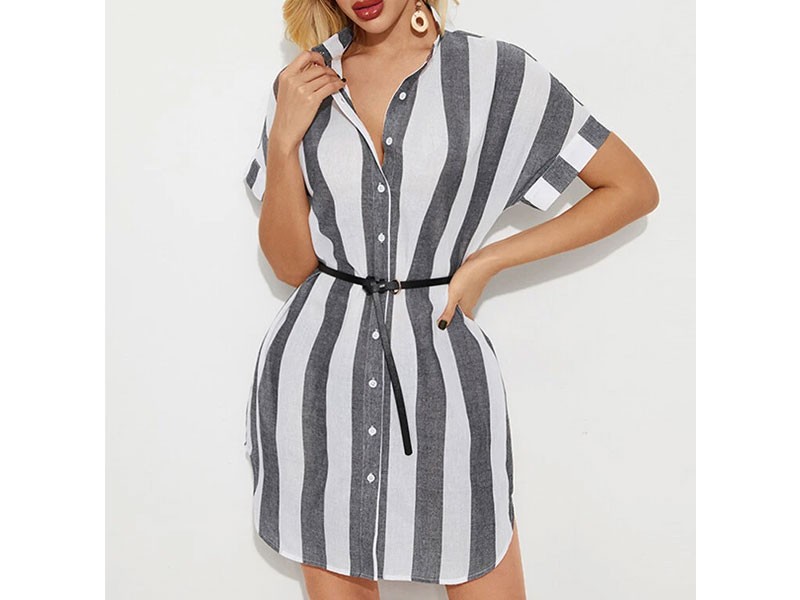 Linen Striped Print FrontButton Stand Collar Short Sleeve Casual Dress For Women
