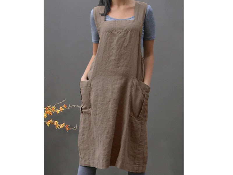 Women's Sleeveless Side Pockets Cotton Loose Solid Color Vintage Apron Dress