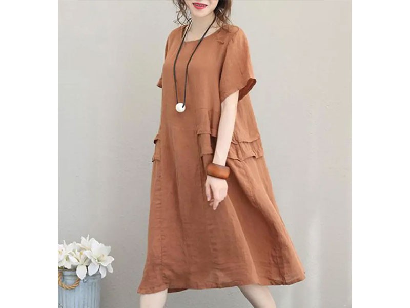 Retro Casual Cotton Solid Color Loose Short Sleeve Dress For Women