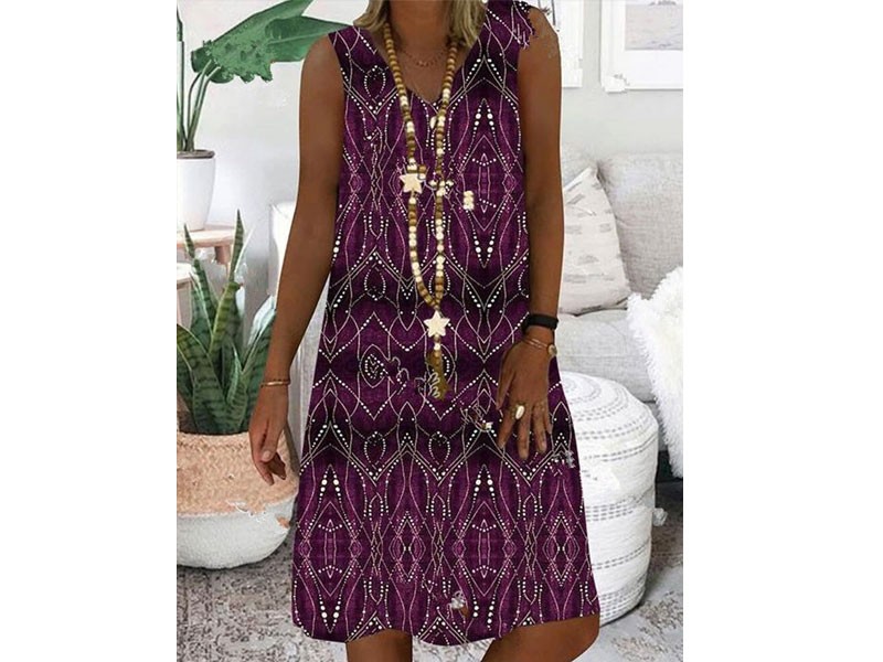 Women's Print Sleeveless V-neck Vintage Casual Dress Purple S