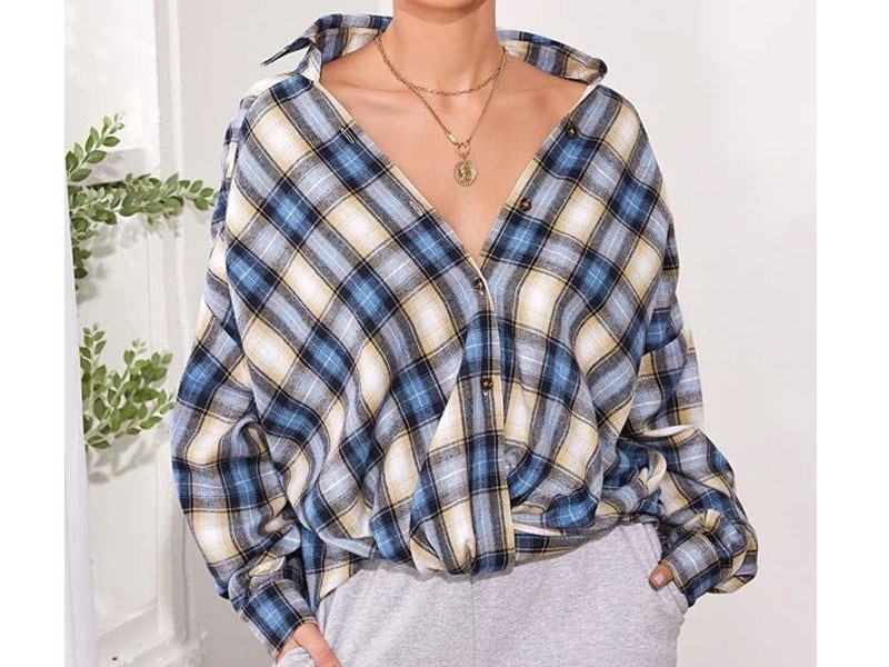 Shein Drop Shoulder Tartan Oversized Longline Blouse For Women