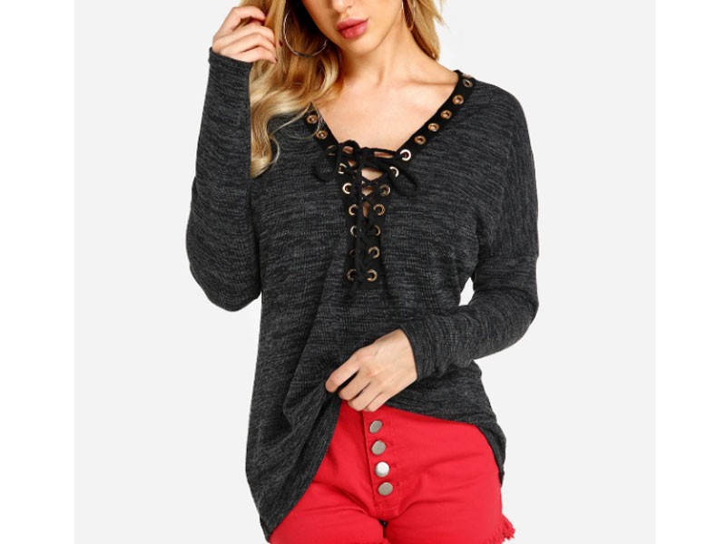 Women's Sexy Deep V-neck Lace-up Front Casual T-shirts In Black