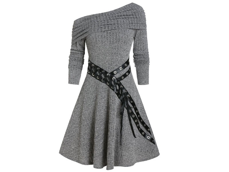 One Shoulder Belted Knitted A Line Dress For Women