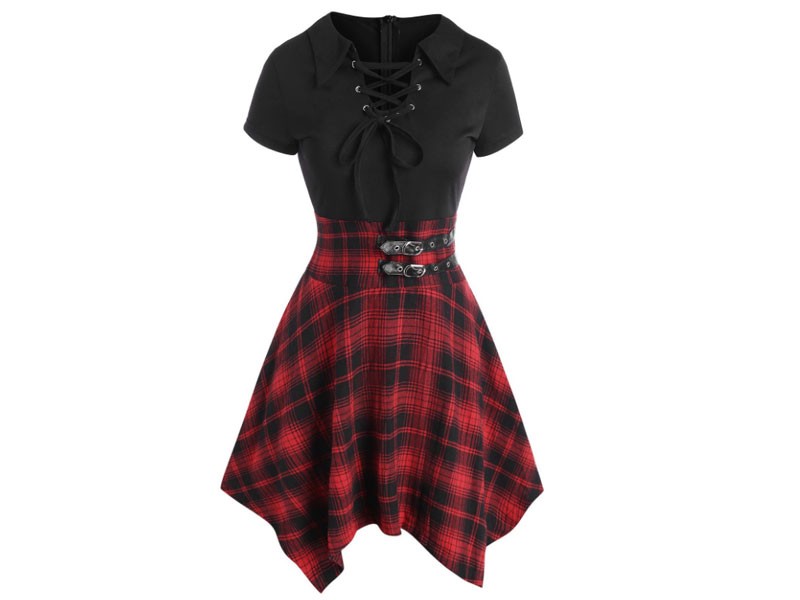 Plaid Lace Up Buckle Embellished Handkerchief Dress For Women