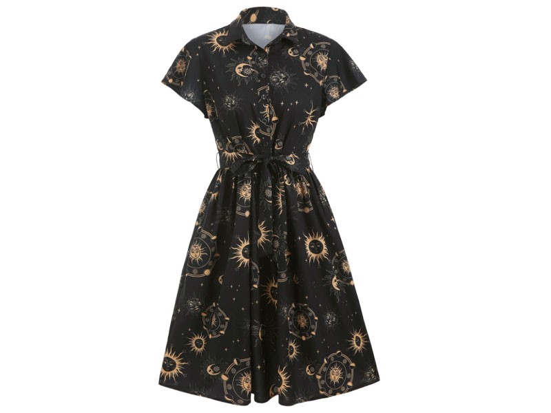 Sun Moon and Star Print Belted Button Dress For Women
