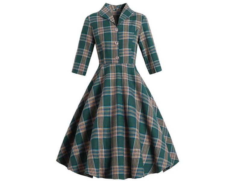 Women's Vintage Plaid Mock Button Dress