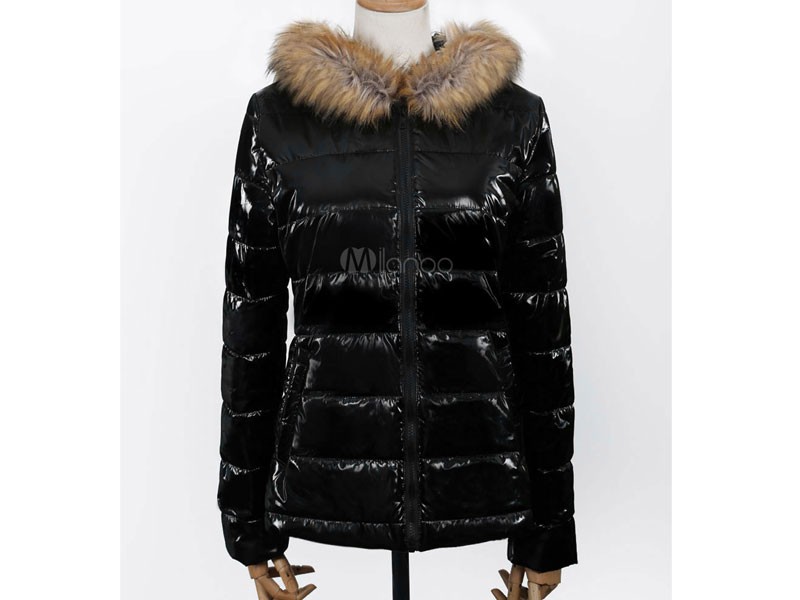 Women's Jacket Black Puffer Coat Faux Fur Hooded Long Sleeves