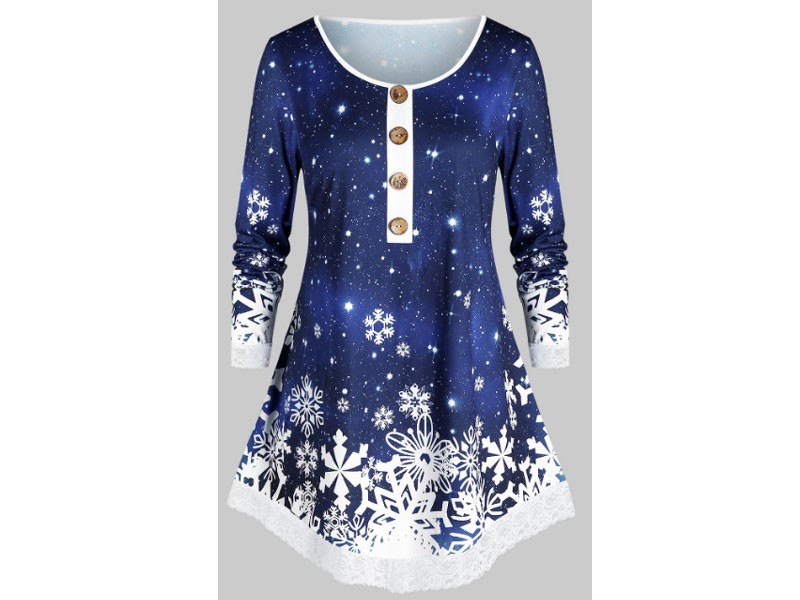 Christmas Mock Button Snowflake Print T Shirt For Women