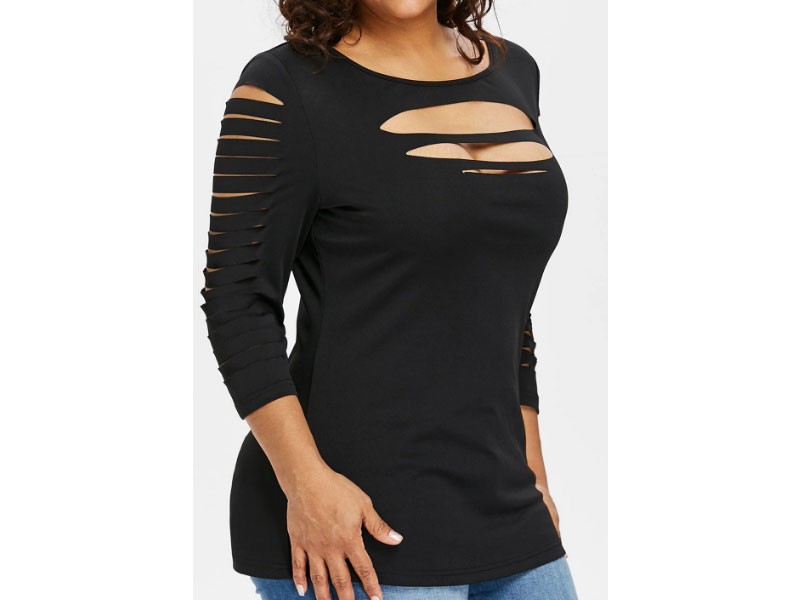 Plus Size Three Quarter Sleeve Ripped T-shirt For Women