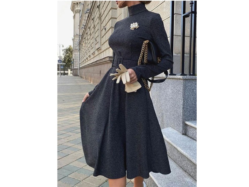 Misslook Turtleneck Formal Solid Midi Dress For Women