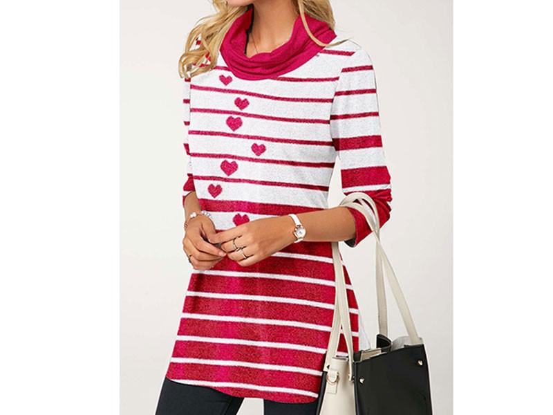 Women's Cowl Neck Striped Long Sleeve Tunic T-Shirt