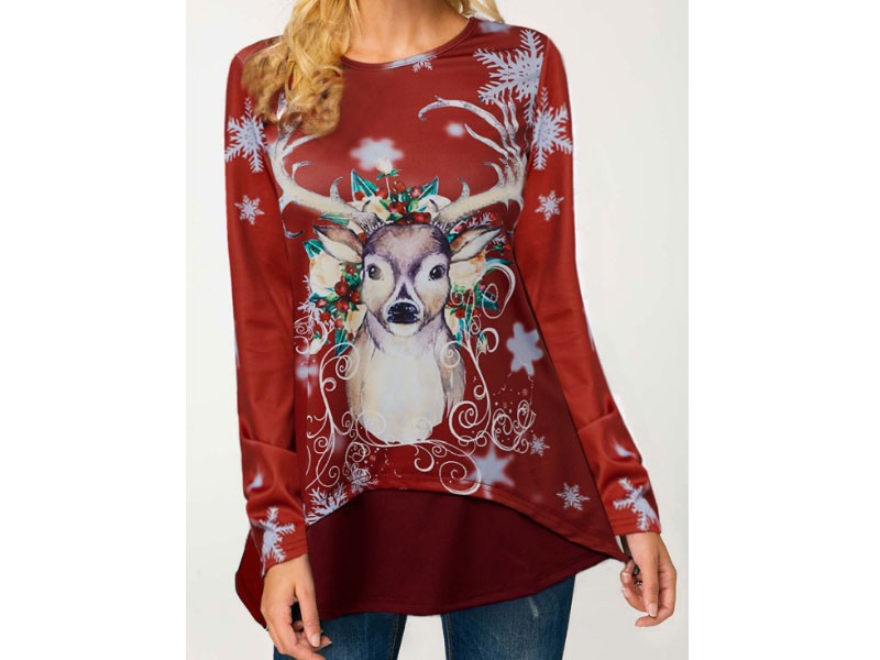 Christmas Elk Print Round Neck Long Sleeve T-Shirt For Women