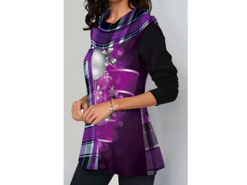 Women's Plaid Print Long Sleeve Purple T-Shirt