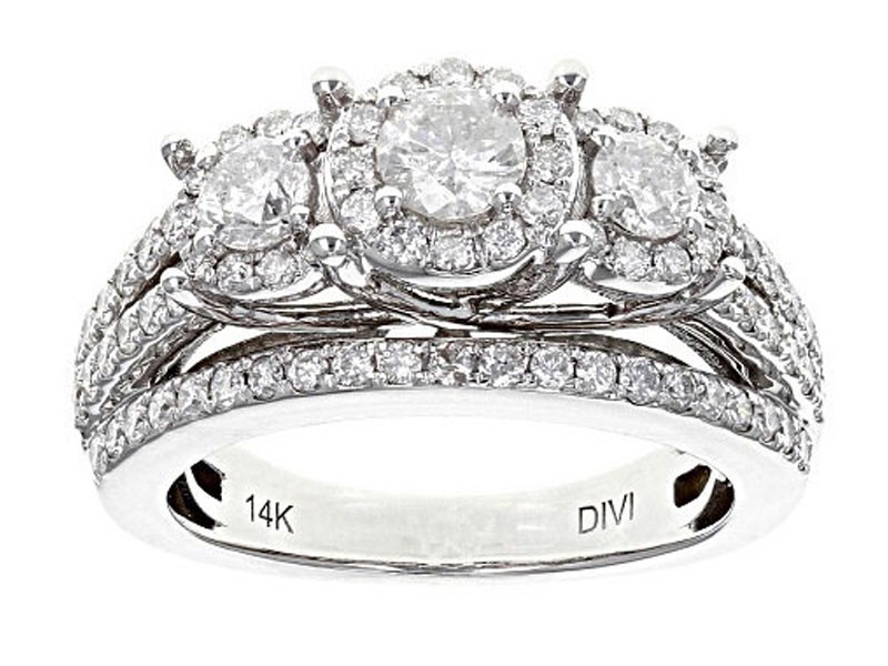 Women's Round Shape Halo Diamond Three Stone Ring In 14K White Gold