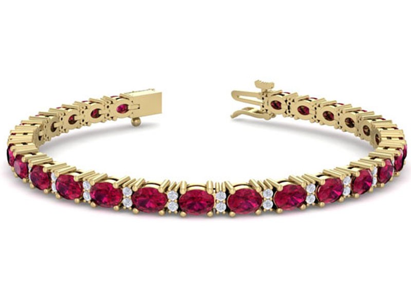 Women's Oval Shape Ruby and Diamond Bracelet In 14 Karat Yellow Gold