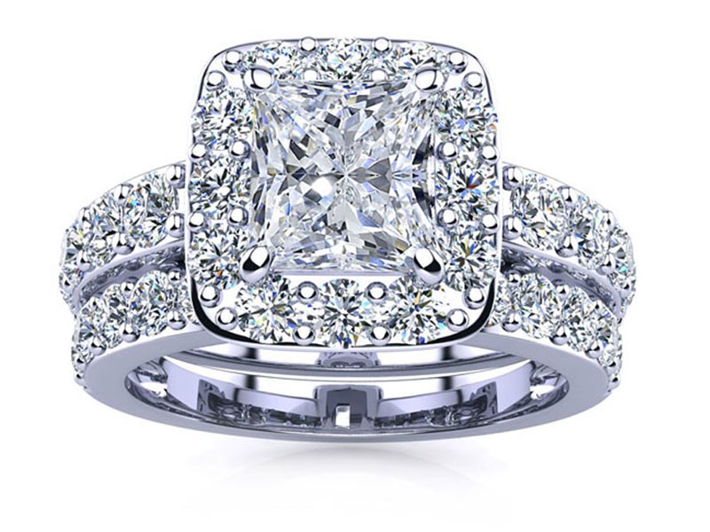 Women's Radiant Halo Diamond Ring Bridal Set in 14k White Gold