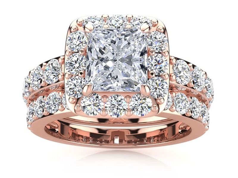 Women's Radiant Halo Diamond Bridal Ring Set in 14k Rose Gold