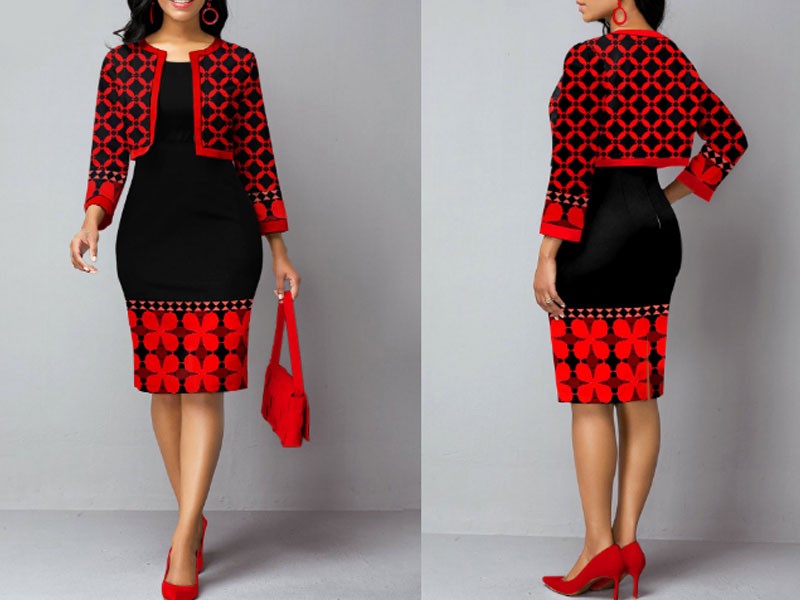 Open Front Tribal Print Cardigan and Sheath Dress For Women