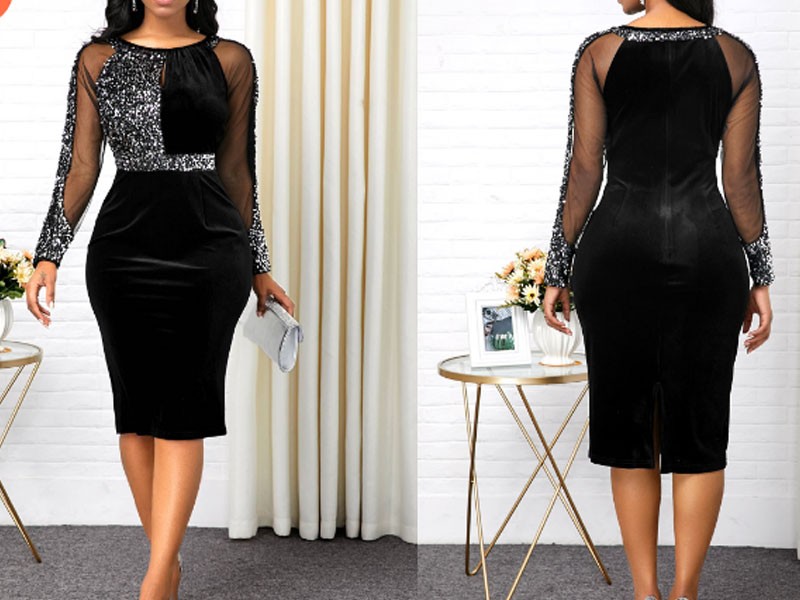 Women's Black Sequin Embellished Back Slit Dress