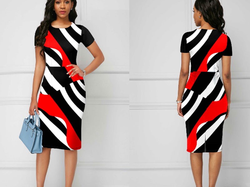Short Sleeve Geometric Print Round Neck Dress For Women