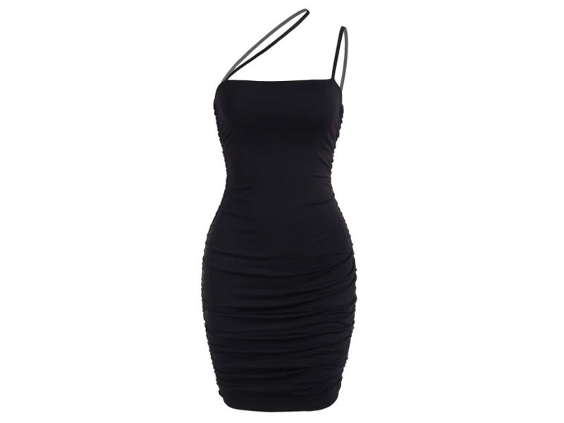 Women's Ruched Asymmetric Strap Bodycon Club Dress Black