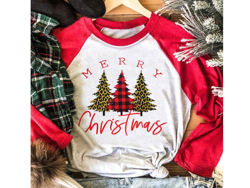 Women's Merry Christmas Trees Plaid Leopard Printed Splicing T-Shirt Tee